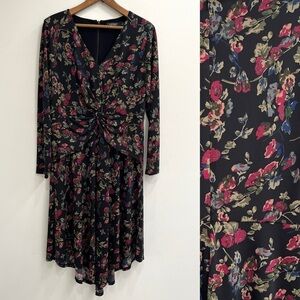 Lauren Ralph Lauren Black Moody Floral Surplice Stretch Jersey Midi Dress 16